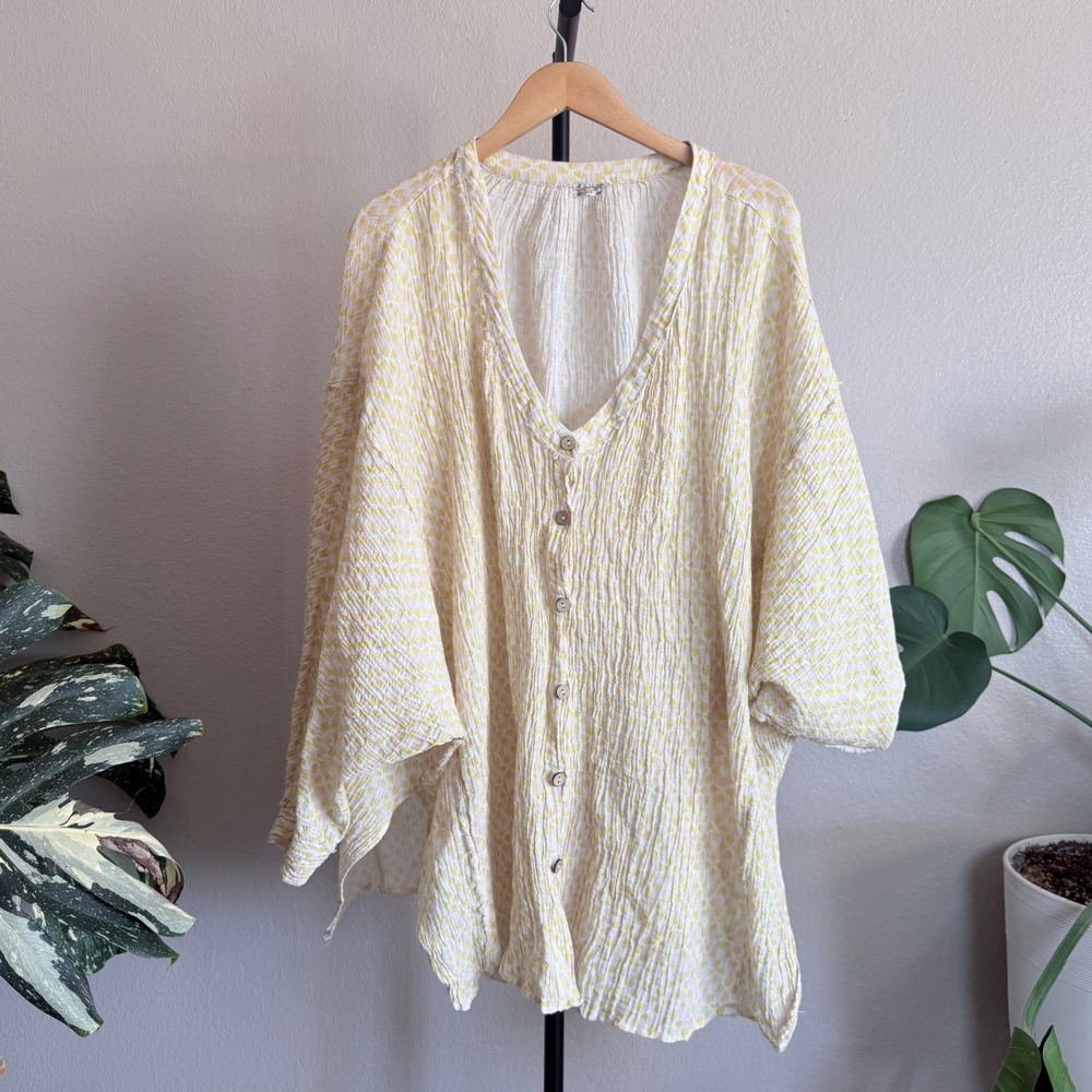 Free People Yellow Boxy Gauze Button Down Oversized L/XL Beach Shirt Dress